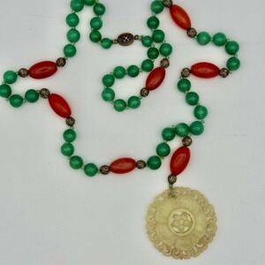 Chinese Hand Carved Jade Carnelian Aventurine & Silver Necklace Pendant 110g VTG